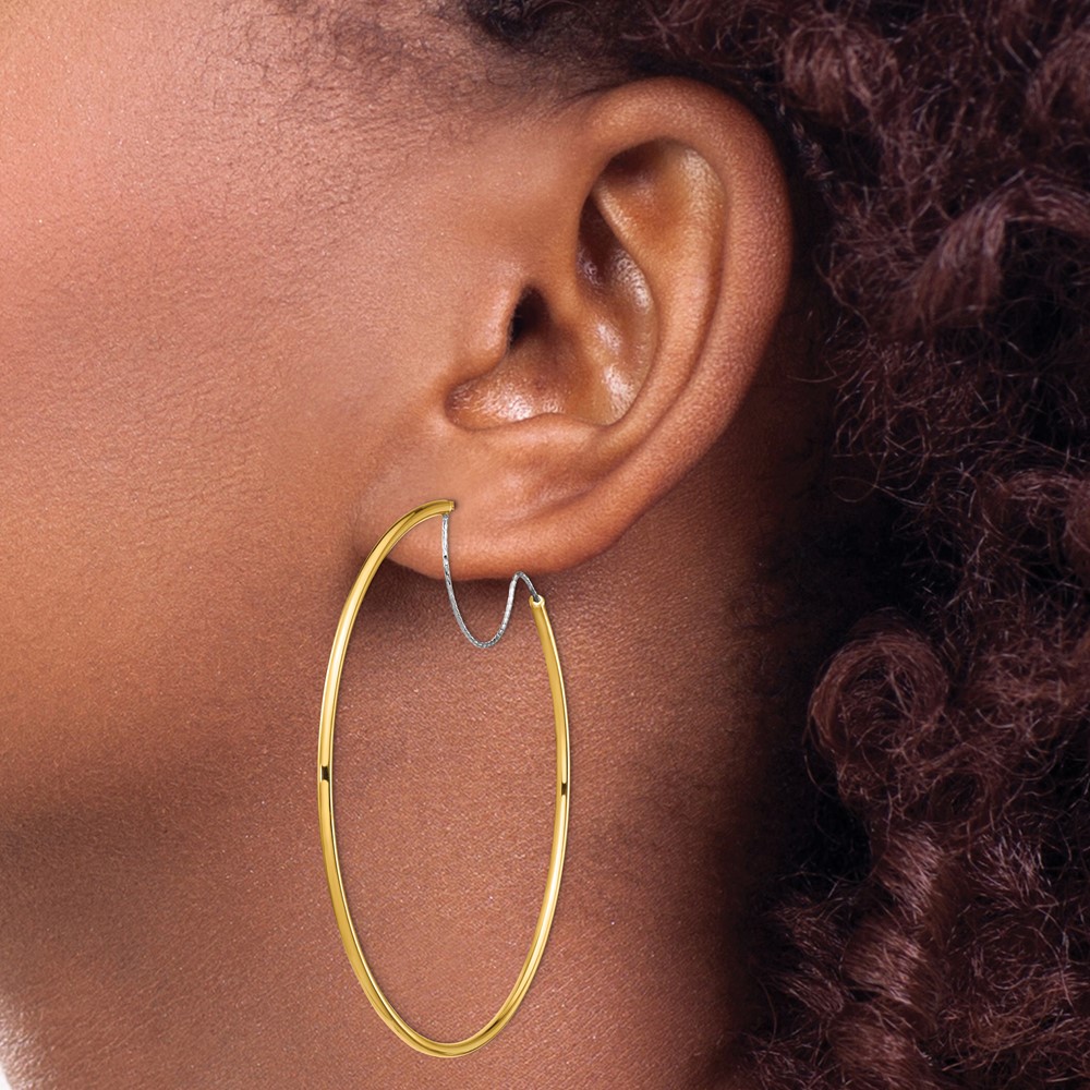 14K Two-Tone Large 2x55mm D/C Wire Polished Hoop Earrings (TF1643)