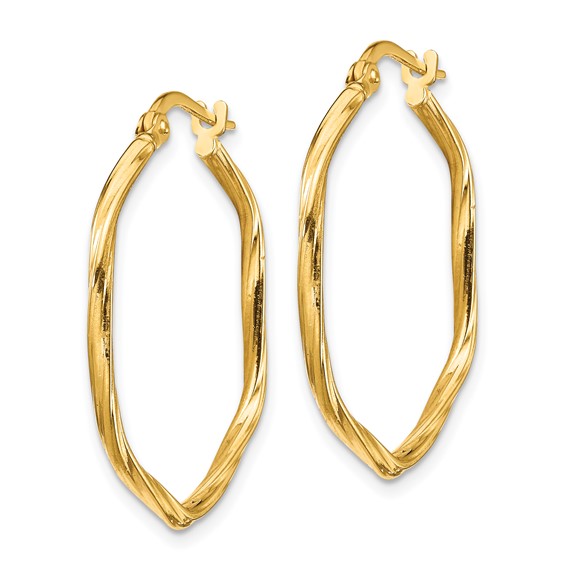 14K 2x27mm Textured Twist Hexagon Hoop Earrings
