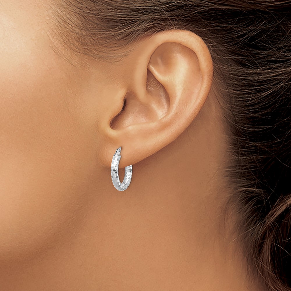 14k White Gold 3x10mm Diamond-cut Hoop Earrings (TF1700W)