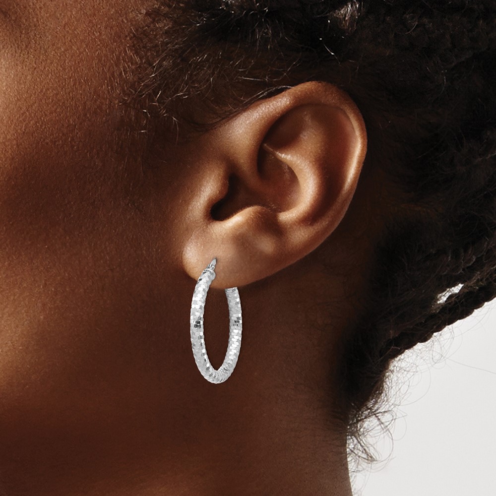 14k White Gold 3x27mm Diamond-cut Hoop Earrings (TF1702W)
