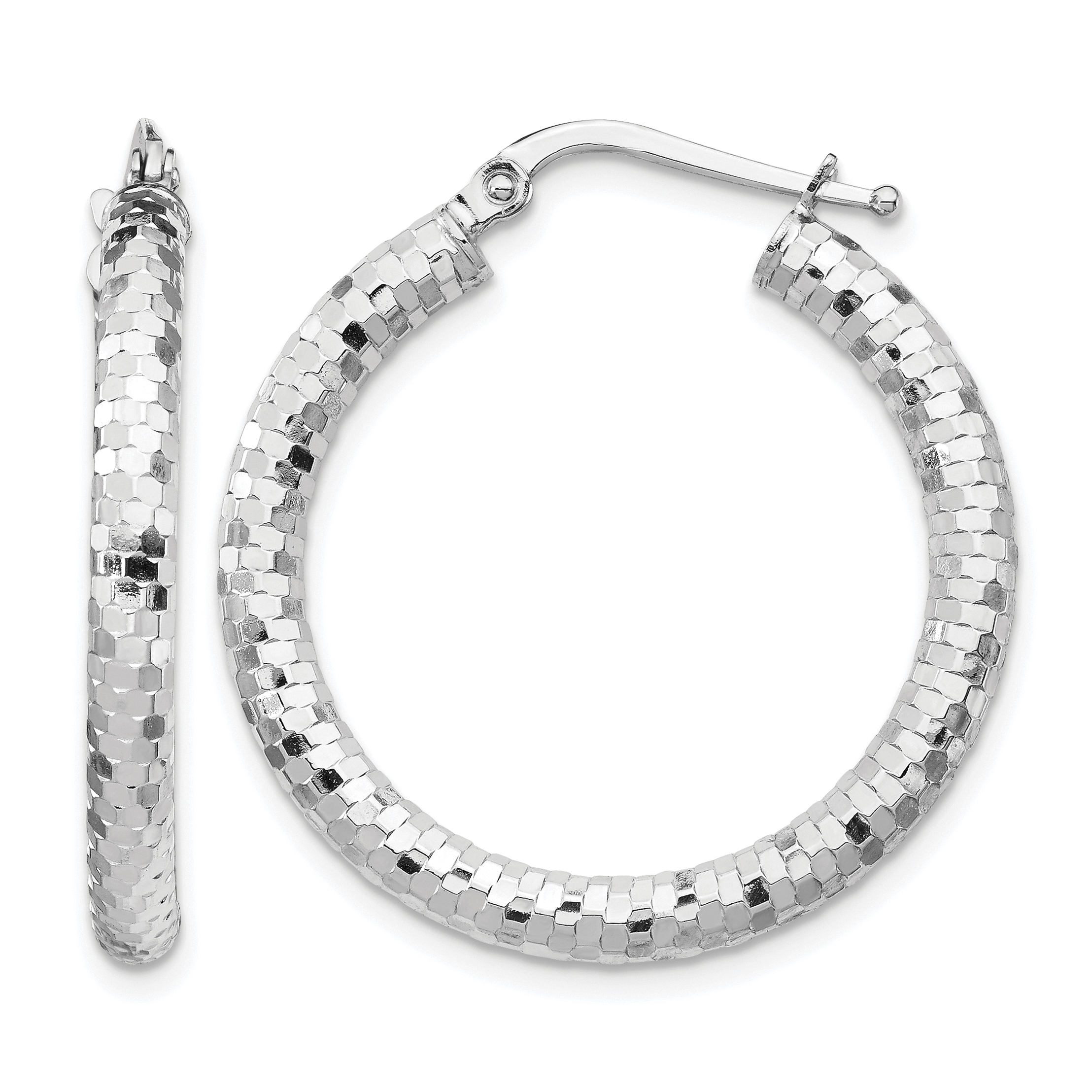 14k White Gold 3x27mm Diamond-cut Hoop Earrings (TF1702W)