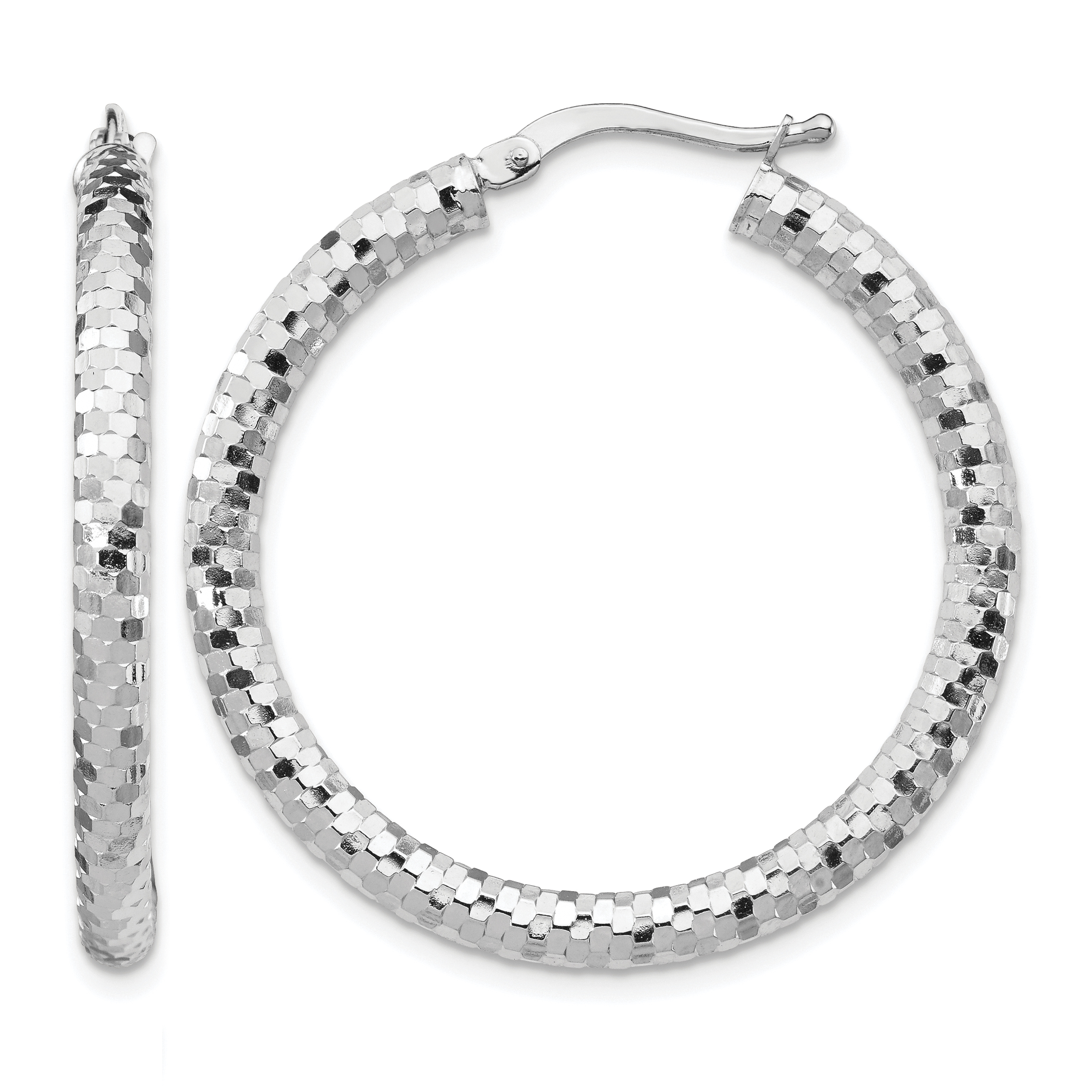 14k White Gold 3x32mm Diamond-cut Hoop Earrings (TF1703W)