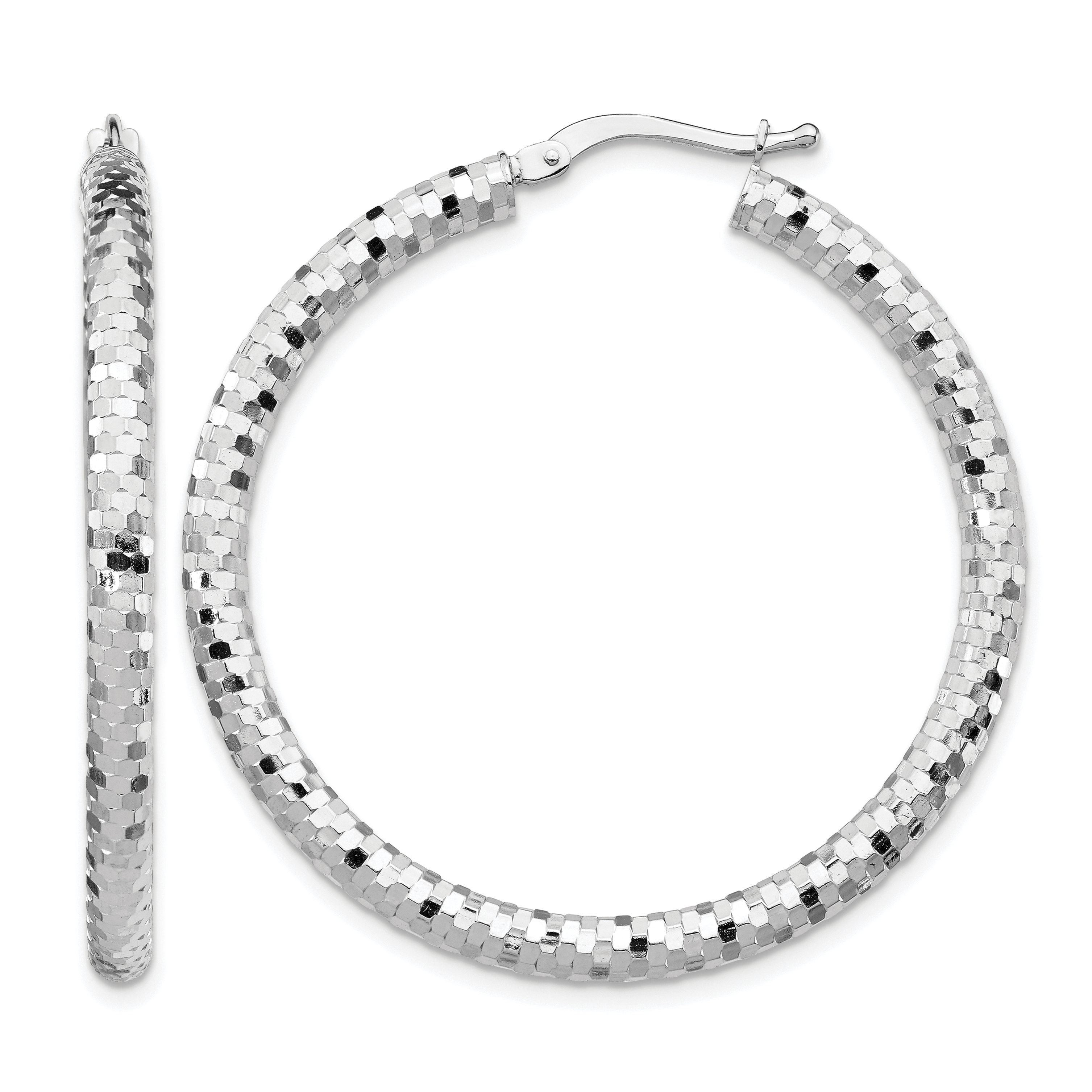 14k White Gold 3x38mm Diamond-cut Hoop Earrings (TF1704W)
