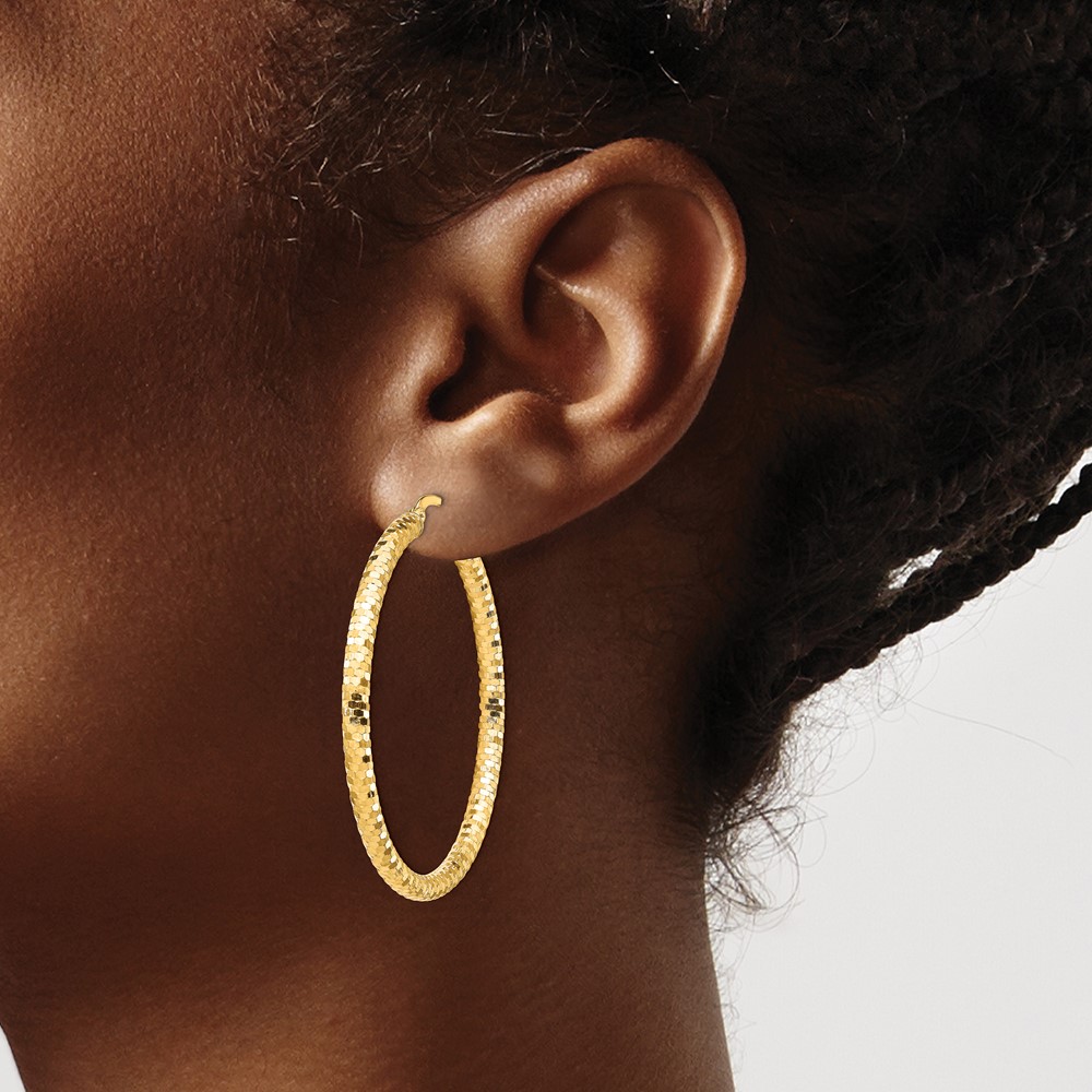 14K 3x35mm Diamond-cut Hoop Earrings (TF1705)
