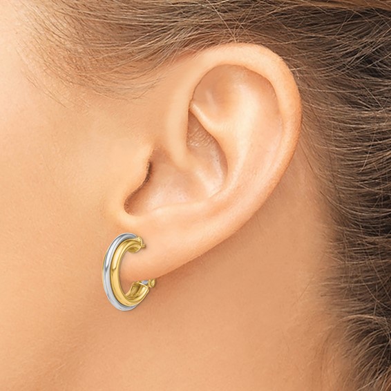 TWo-tone Gold ROund Tube Omega Back Hoop Earrings