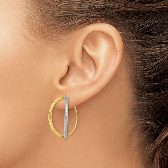 14K and White Rhodium Diamond-Cut Oval Dangle Threader Earrings