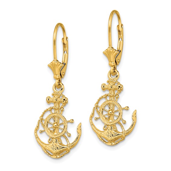 14K 2-D Anchor and Ships Wheel Dangle Leverback Earrings