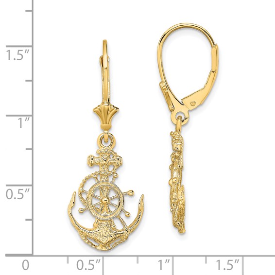 14K 2-D Anchor and Ships Wheel Dangle Leverback Earrings