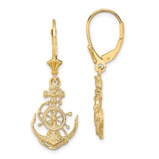 14K 2-D Anchor and Ships Wheel Dangle Leverback Earrings