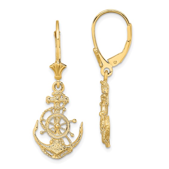 14K 2-D Anchor and Ships Wheel Dangle Leverback Earrings