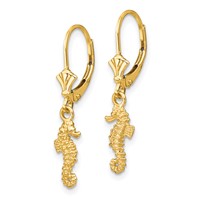 14K Yellow Gold 3-D Seahorse Dangle Leverback Earrings view 2