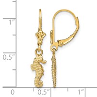 14K Yellow Gold 3-D Seahorse Dangle Leverback Earrings view 4