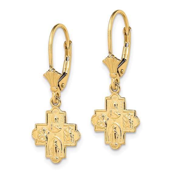 14K Small 4-Way Medal Cross Dangle Leverback Earrings