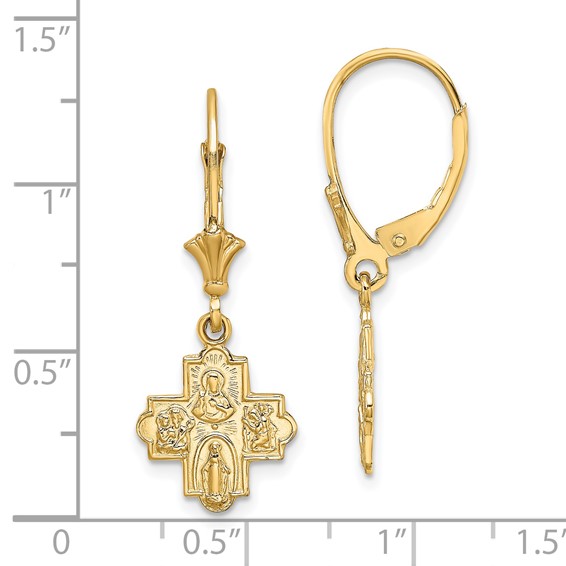 14K Small 4-Way Medal Cross Dangle Leverback Earrings