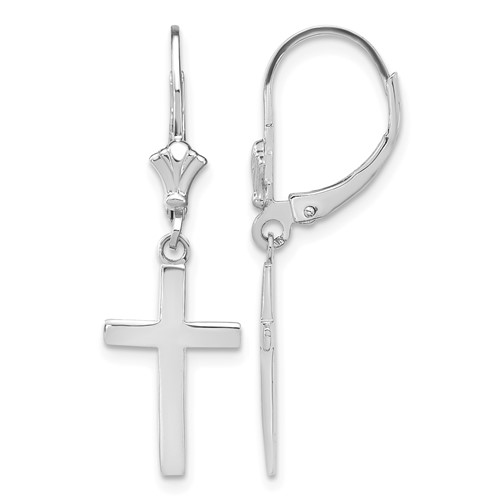 14K White Gold Polished Cross Dangle Leverback Earrings