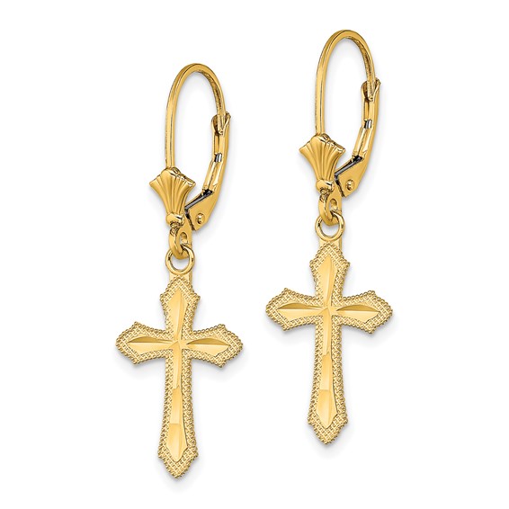 14K Diamond-cut Beaded Edge Cross Dangle Leverback Earrings