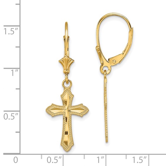 14K Diamond-cut Beaded Edge Cross Dangle Leverback Earrings