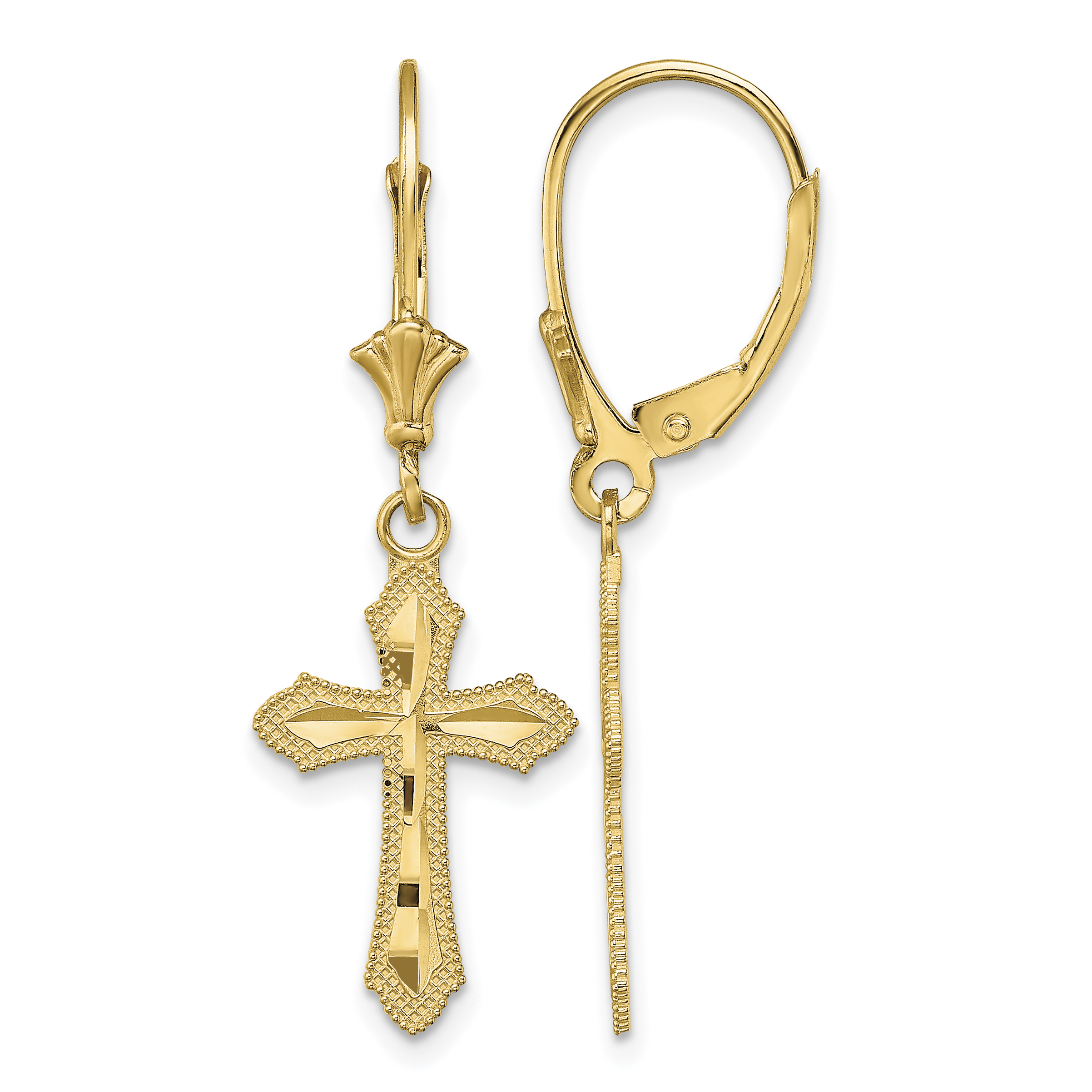 14K D/C Cross w/ Beaded Edge Leverback Earrings (TF1778)