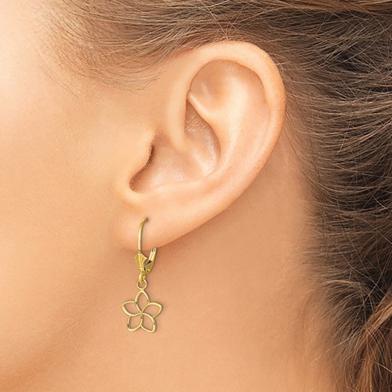 Gold Flower Dangle Leverback Earrings
