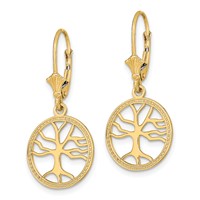 14K Yellow Gold Tree of Life in Round Frame Dangle Leverback Earrings view 2