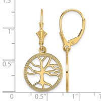 14K Yellow Gold Tree of Life in Round Frame Dangle Leverback Earrings view 4