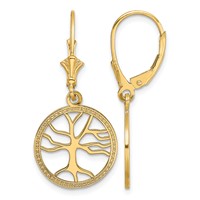14K Yellow Gold Tree of Life in Round Frame Dangle Leverback Earrings view 1