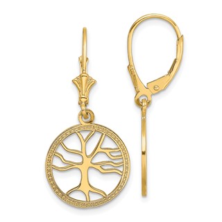 Gold Tree of Life Dangle Leverback Earrings