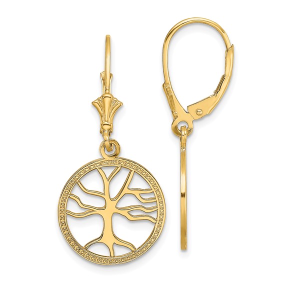 Gold Tree of Life Dangle Leverback Earrings