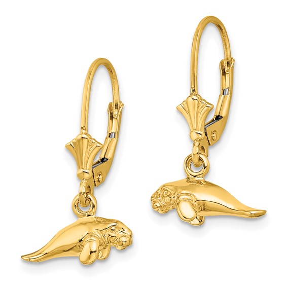 14K 3-D Polished Mini Manatee Dangle Leverback Earrings