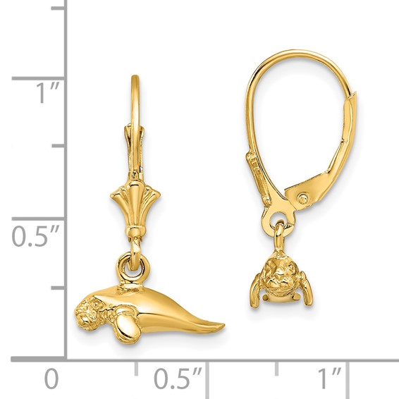 14K 3-D Polished Mini Manatee Dangle Leverback Earrings