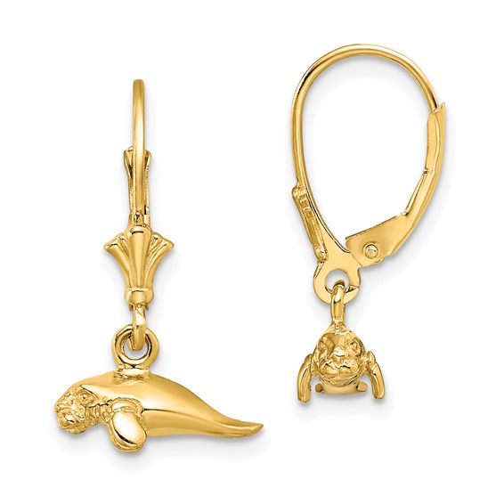 14K 3-D Polished Mini Manatee Dangle Leverback Earrings