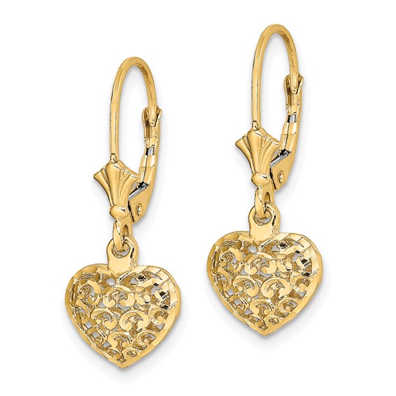 Gold Heart Dangle Leverback Earrings