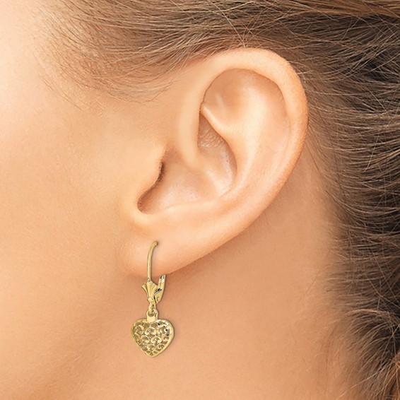 Gold Heart Dangle Leverback Earrings