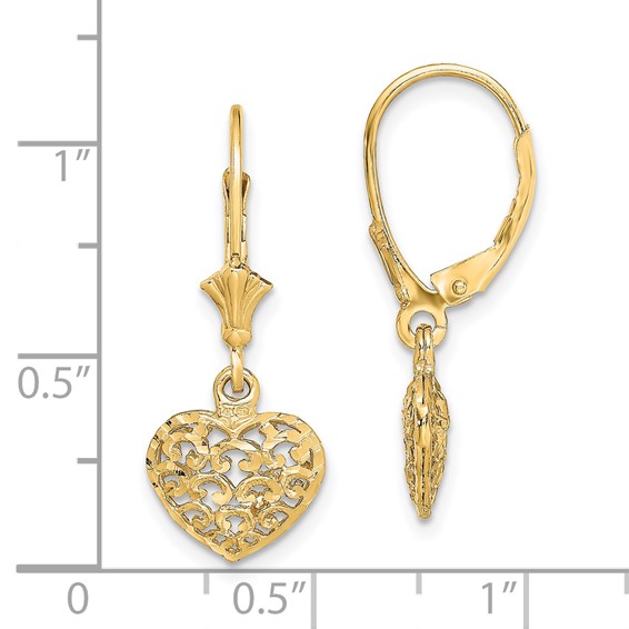 Gold Heart Dangle Leverback Earrings