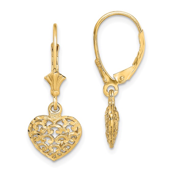 Gold Heart Dangle Leverback Earrings