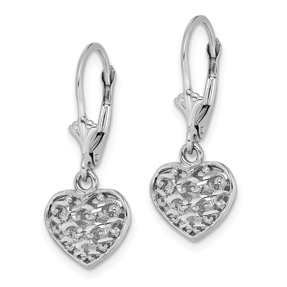 14K White Gold 3-D Mini D/C Puffed Heart Leverback Earrings (TF1784W)