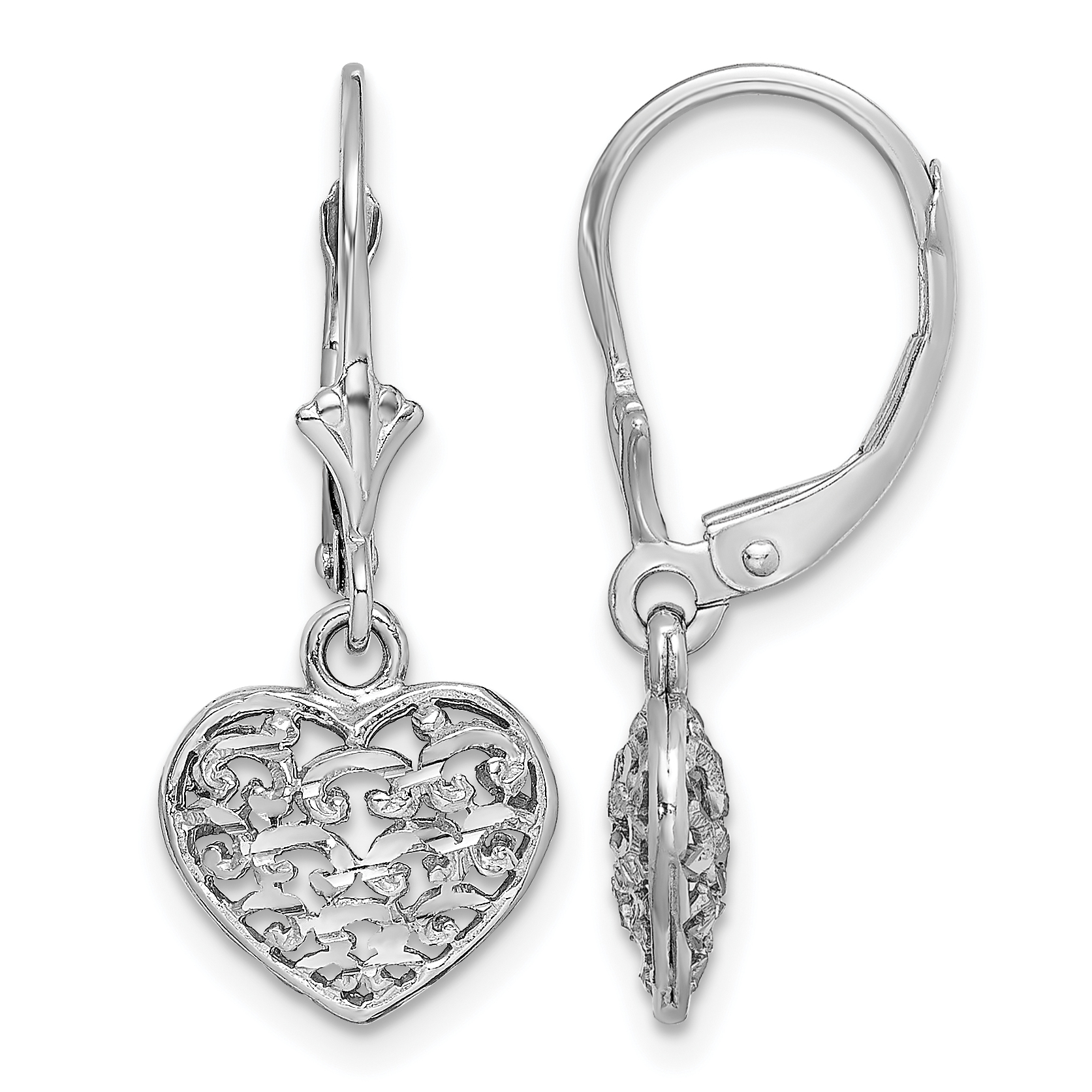 14K White Gold 3-D Mini D/C Puffed Heart Leverback Earrings (TF1784W)