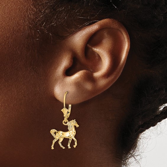 14K 3-D Polished Leverback Horse Earrings