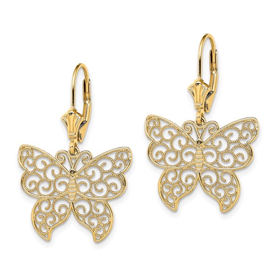 14K Large Butterfly with Beaded Filigree Wings Dangle Leverback Earrings
