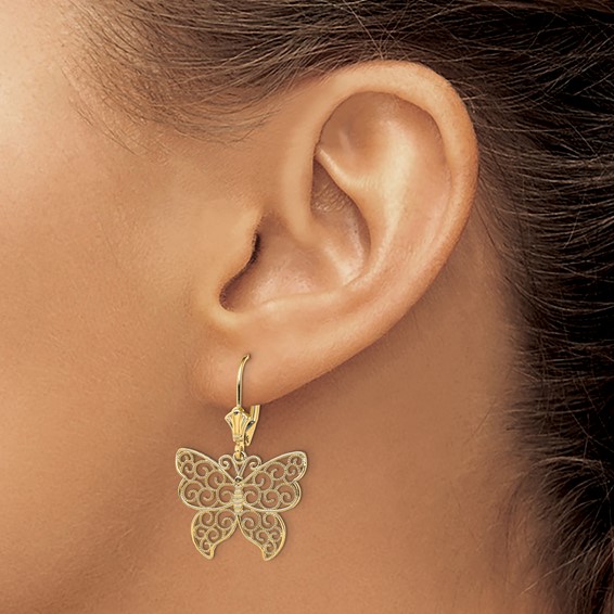 14K Large Butterfly with Beaded Filigree Wings Dangle Leverback Earrings