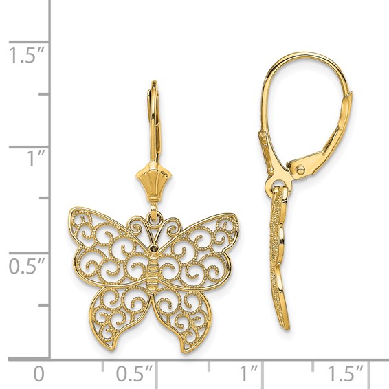 14K Large Butterfly with Beaded Filigree Wings Dangle Leverback Earrings