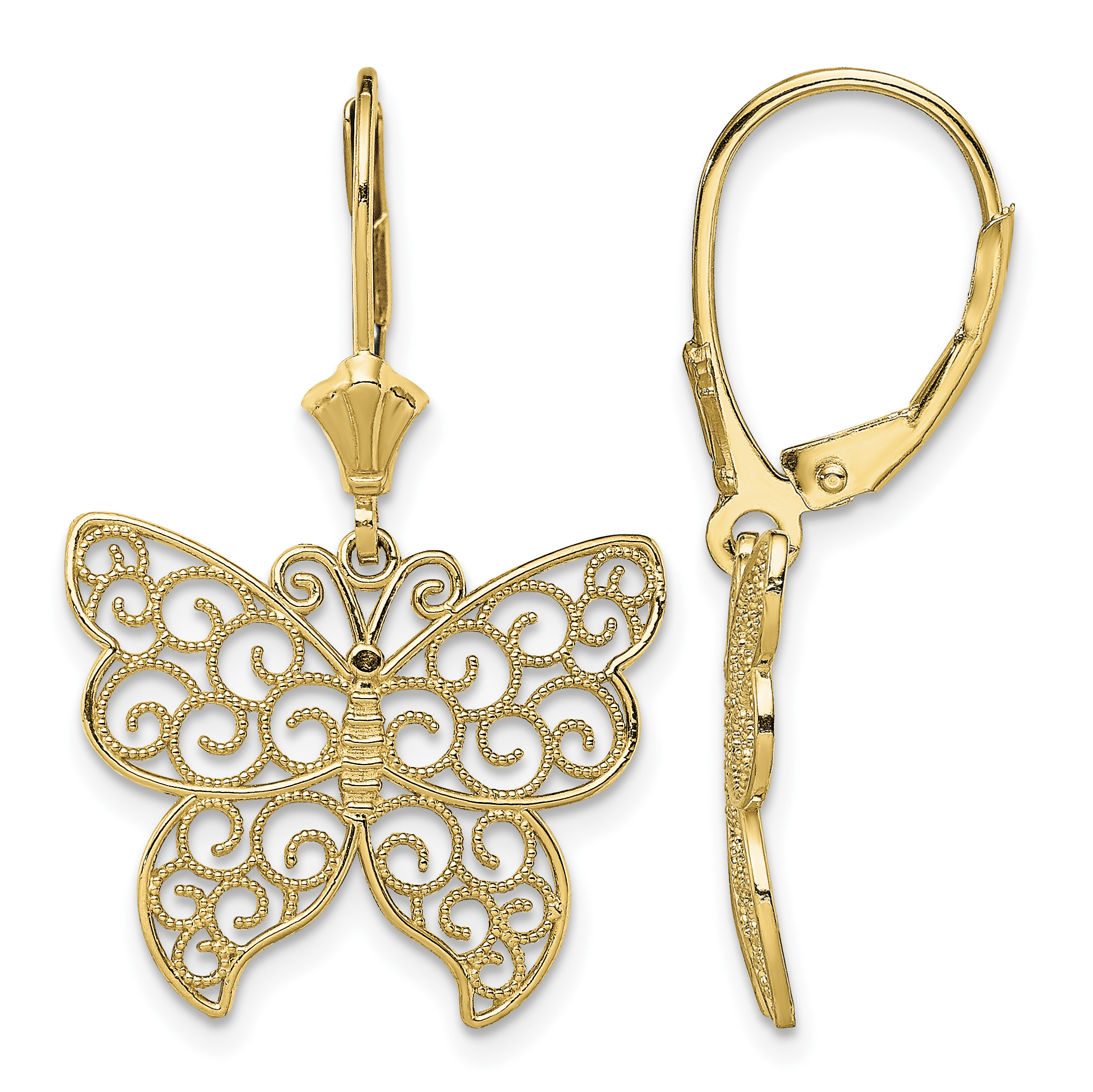 14K Butterfly w/ Beaded Filigree Wings Leverback Earrings (TF1787)
