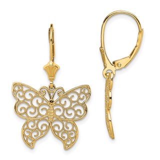 14K Large Butterfly with Beaded Filigree Wings Dangle Leverback Earrings