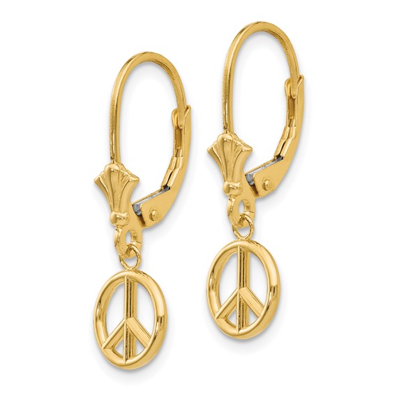 Gold Peace Symbol Dangle Leverback Earrings