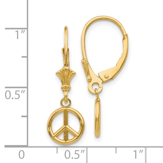 Gold Peace Symbol Dangle Leverback Earrings