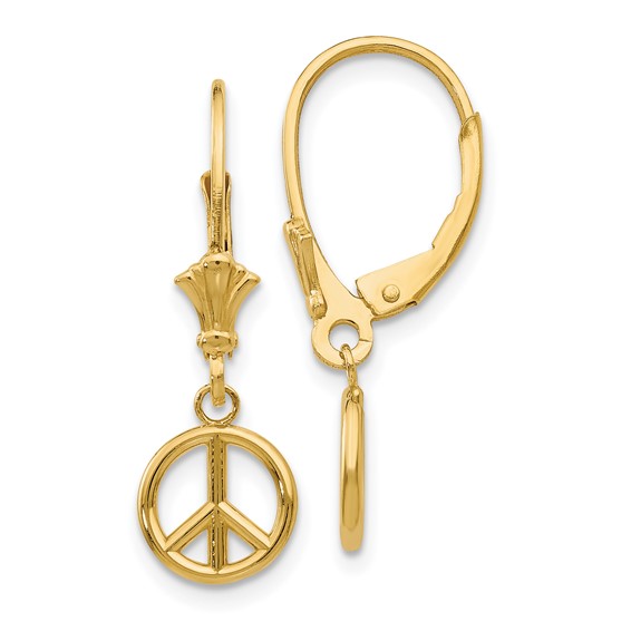Gold Peace Symbol Dangle Leverback Earrings