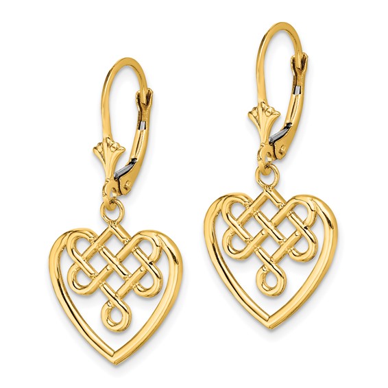14K Celtic Knot Heart Dangle Leverback Earrings