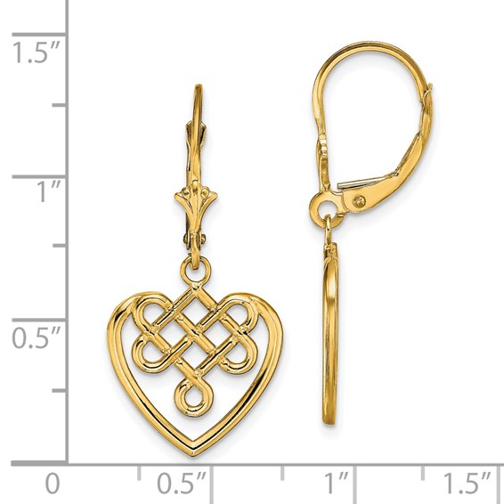 14K Celtic Knot Heart Dangle Leverback Earrings