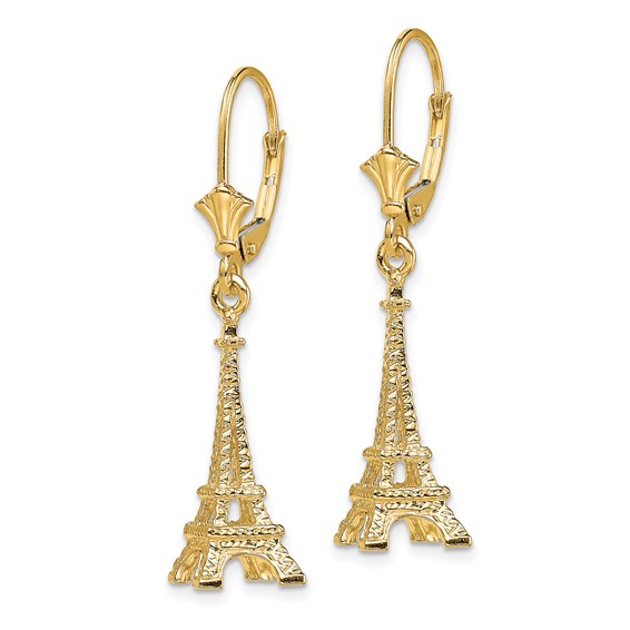 14K 3-D Eiffel Tower Dangle Leverback Earrings