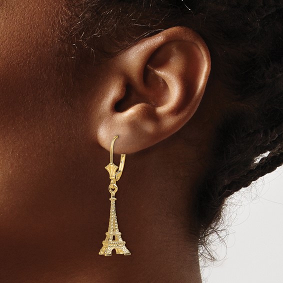 14K 3-D Eiffel Tower Dangle Leverback Earrings